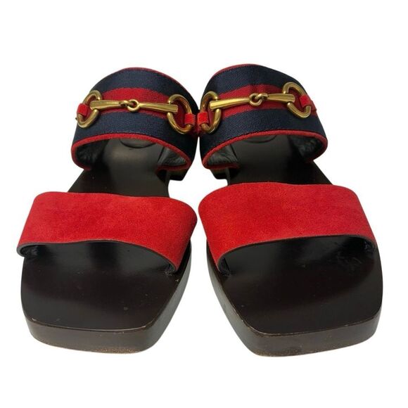 Gucci Querelle Red Suede Web Stripe Slide Heeled Wooden Sandals Women Size 36.5 - Picture 3 of 11